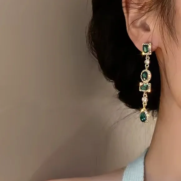 Gold-Tone Emerald Green Drop Earrings - Picture 3 of 4